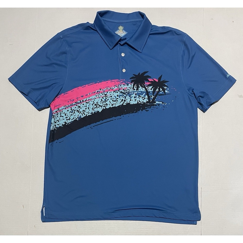 Chubbies Polo Shirt Mens Medium Blue Palm Tree Graphic Performance Stretch Golf